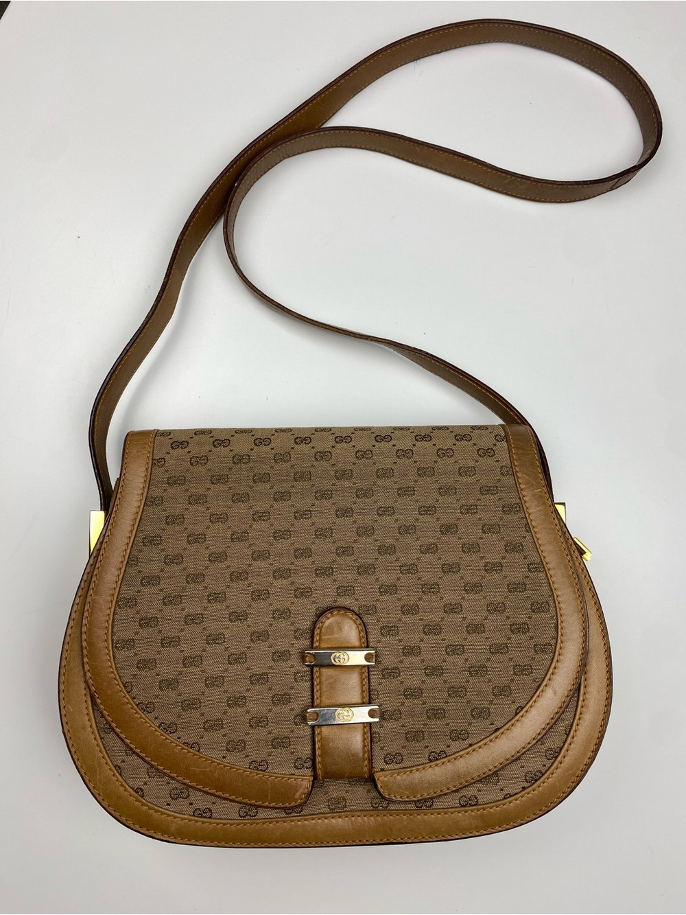Gucci Vintage Brown Monogram Crossbody Saddle Bag
